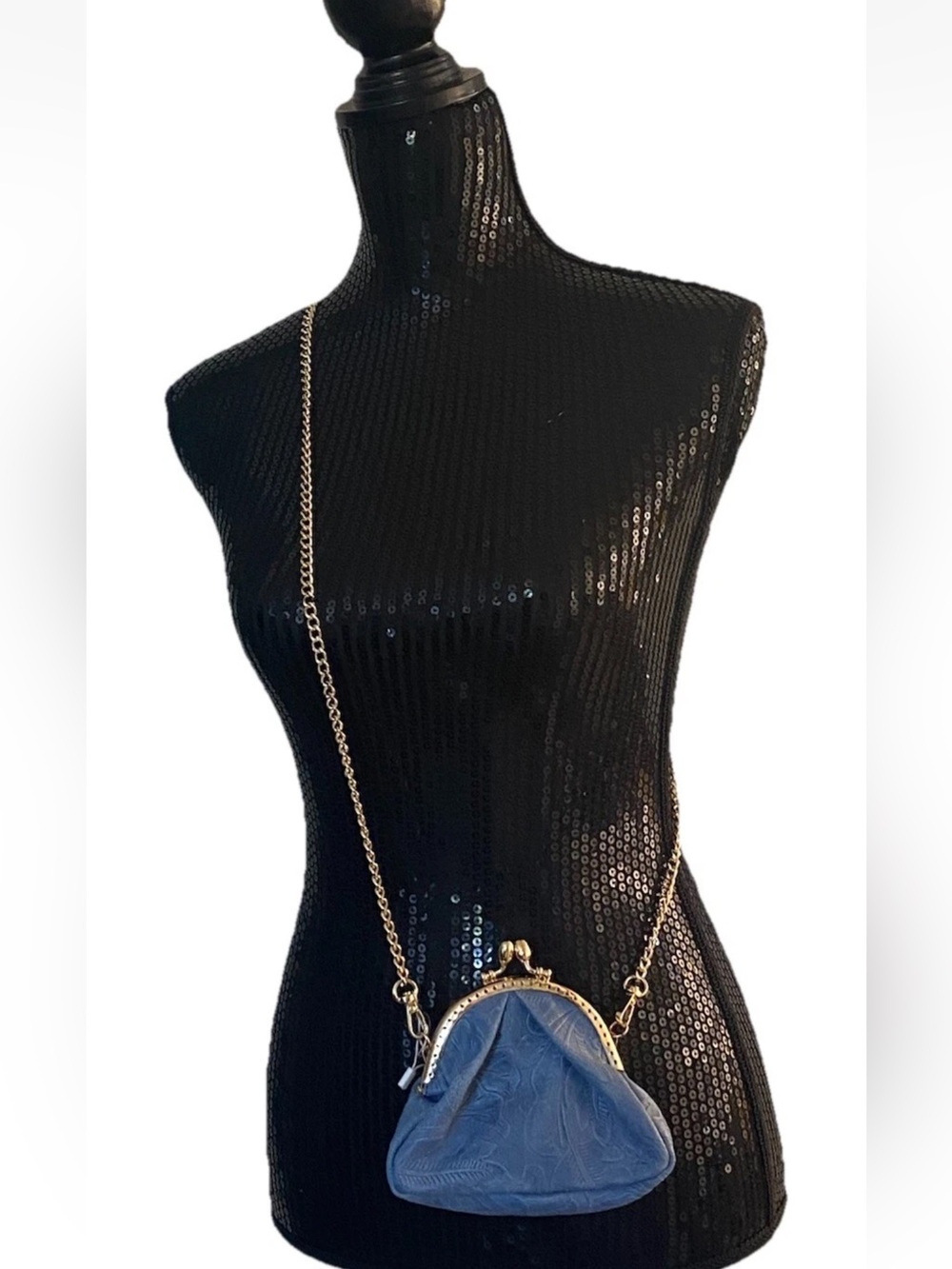 🆕 ISADORA 🇮🇹 Italian Leather Light Blue Tooled Kiss Lock Crossbody Bag Pouch